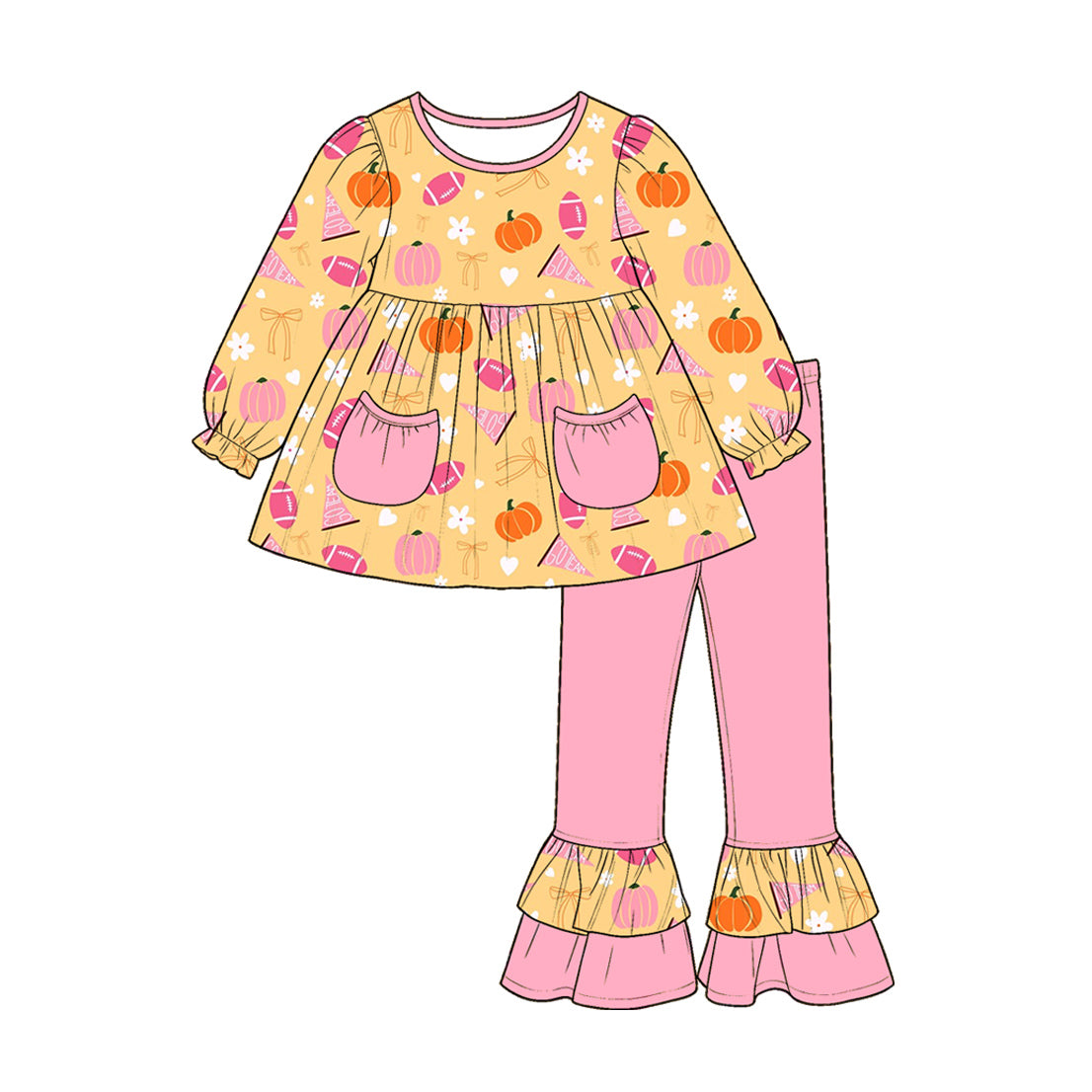 (Custom Design Preorder MOQ 5) Pumpkin Bows Football Pockets Tunic Top Pink Ruffle Pants Girls Fall Clothes Set