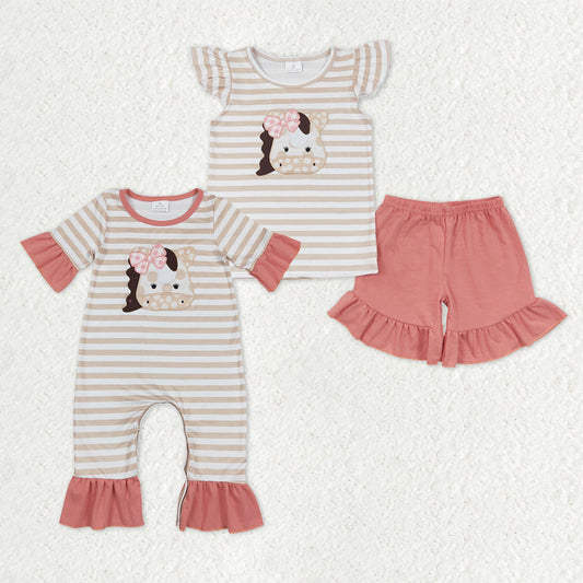 Sibling Baby Girls Embroidery Bow Horses Stripe Ruffle Shorts Western Clothes Sets Rompers