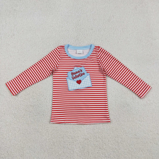 Embroidery Heart Mama's Letters Baby Boys Red Striped Valentines T-shirt Shirts Top
