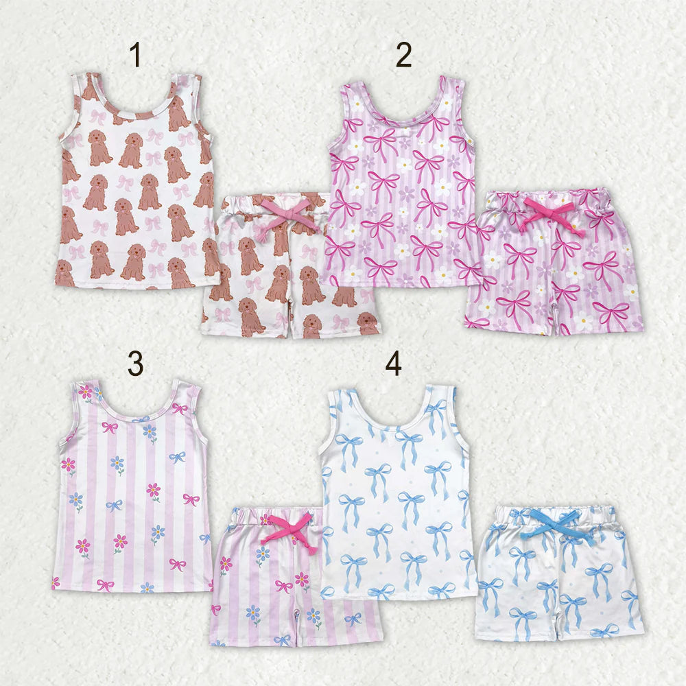 Sibling Baby Girls Sleeveless Bows Dogs Flowers Top Short With Belt Sets