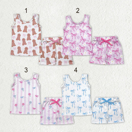 Sibling Baby Girls Sleeveless Bows Dogs Flowers Top Short With Belt Sets