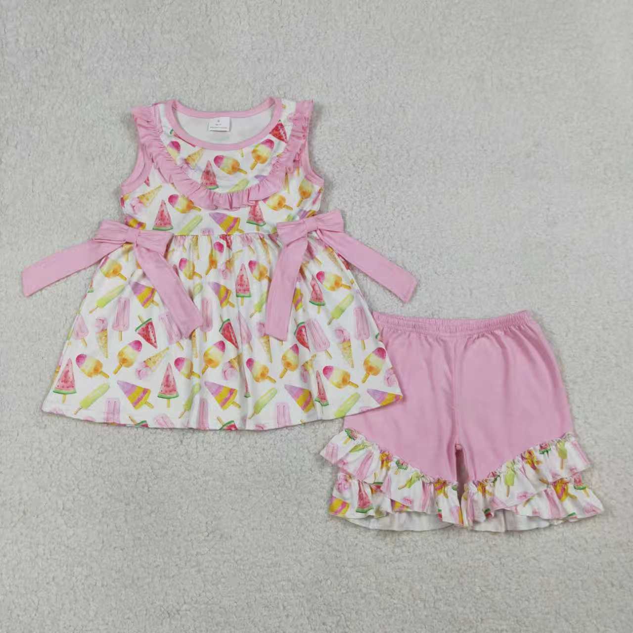 Sibling Baby Girls Sleeveless Ice Creams Tunic Ruffle Shorts Clothes Set Knee Length Dresses