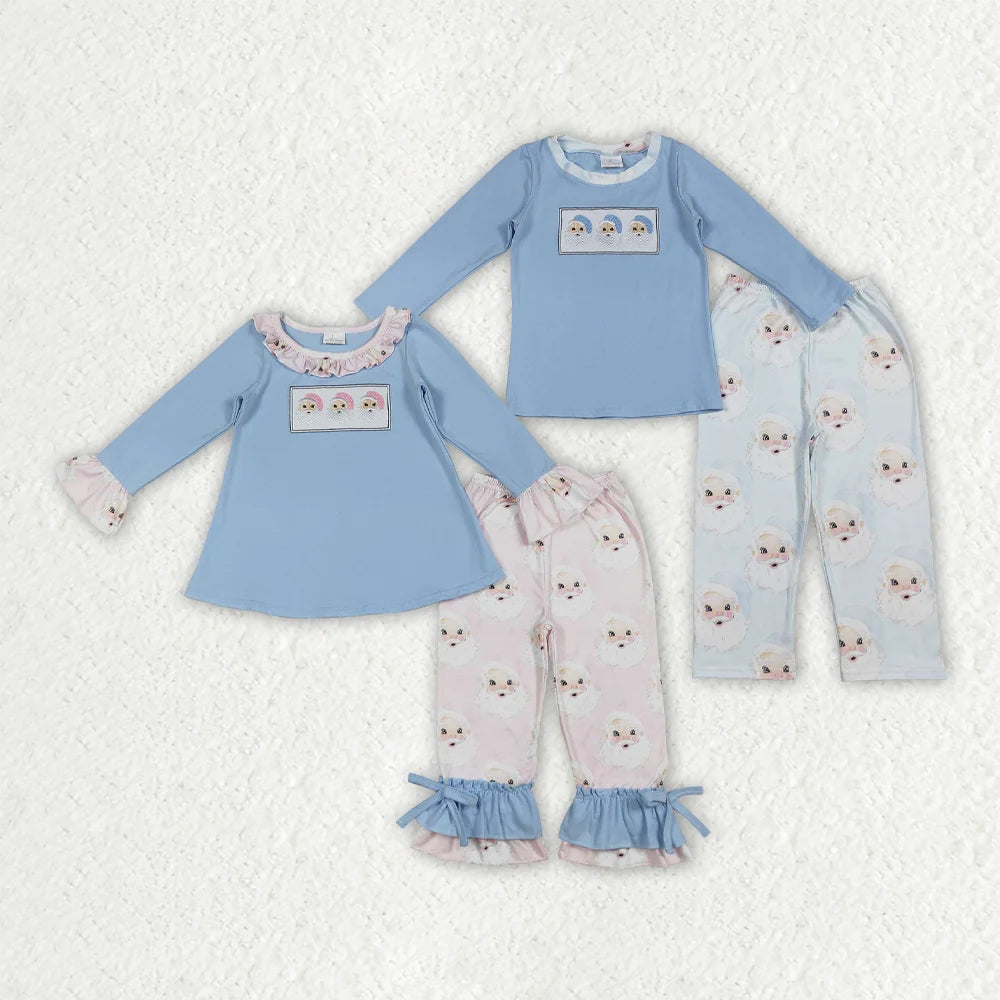 Sibling Embroidery Santa Baby Boys Girls Blue Shirts Top Pants Christmas Clothes Sets