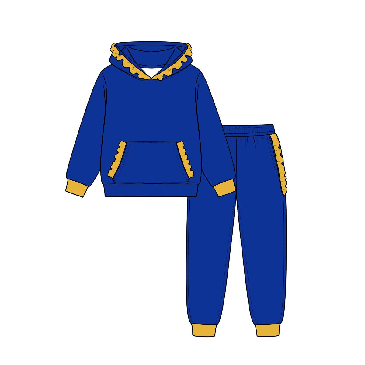 (Custom Design Preorder MOQ 5) Teams Blue Cotton Yellow Ruffles Hoodie Top Pockets Joggers Pants Girls Clothes Set