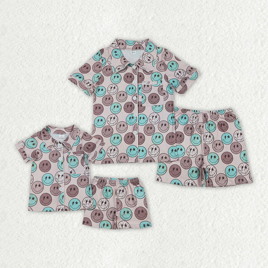 Mommy & Me Smiley Face Print Button-Up Pajama Set