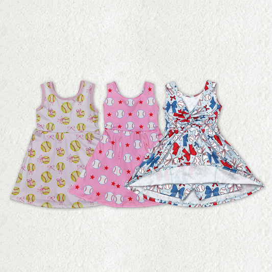 Sibling Baby Girls Softballs Baseballs Bows Yoga Active Short Team Knee Length Dresses