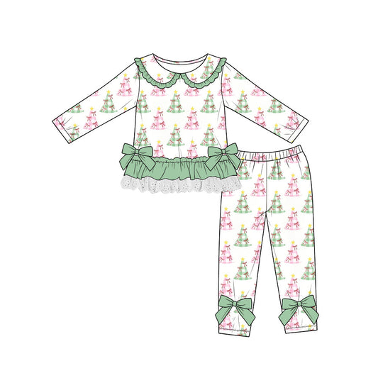 (Custom Design Preorder MOQ 5) Tree Bows Checkerd Green Ruffle Top Legging Pants Girls Christmas Clothes Set