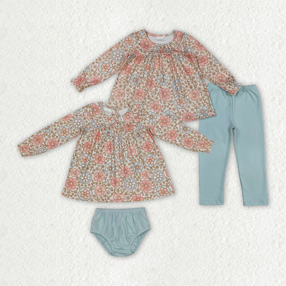 Sibling Baby Girls Colorful Flowers Collar Tunic Leggings Bummies Short Clothes Sets