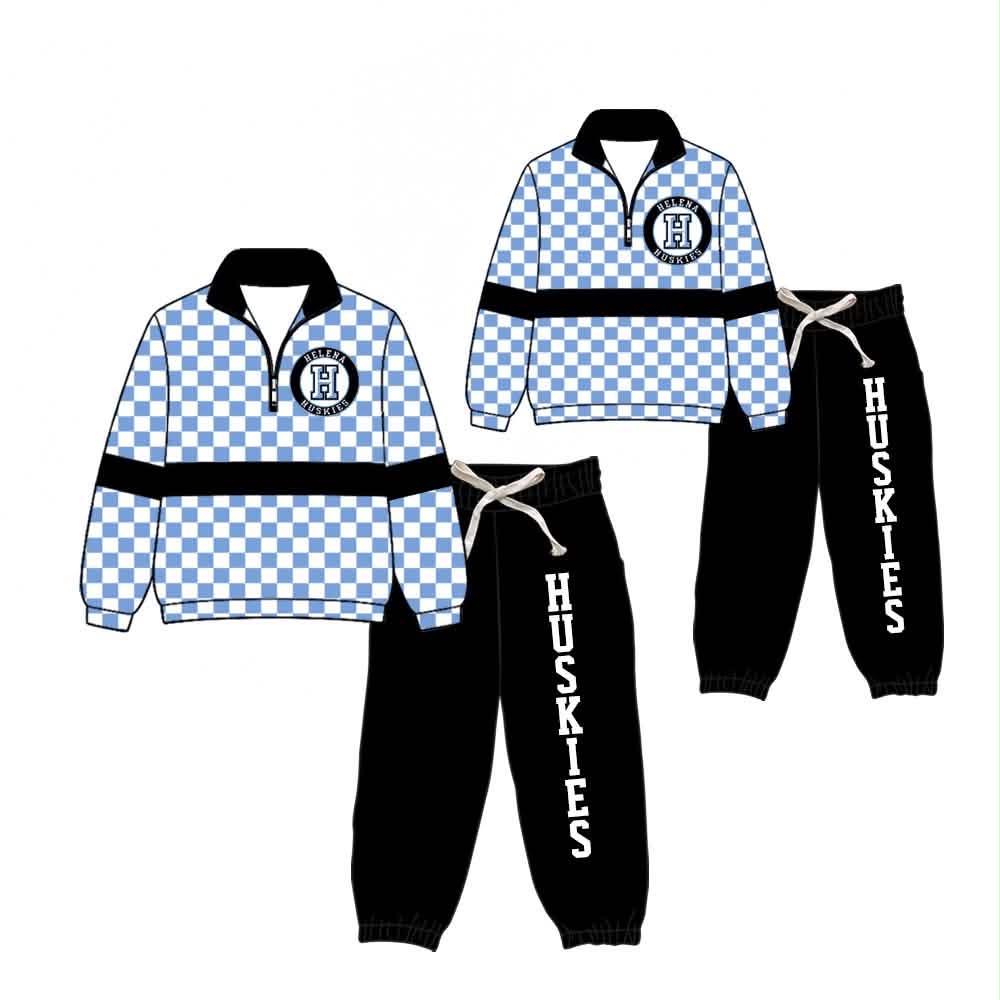 (Custom Design Preorder MOQ 5)  Teams HUSKIES Print Kids & Adult Long Sleeve Zipper Top Joggers Pants Clothes Set