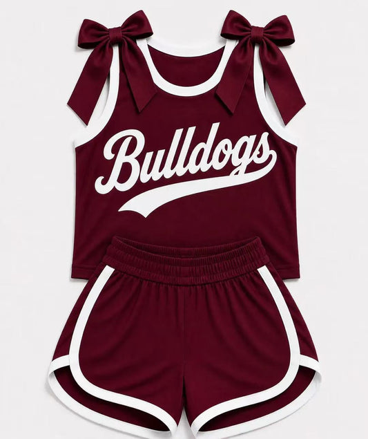 (Custom Design Preorder MOQ 5) Girls Maroon Bow  Strap Bulldogs Tank  & Shorts Sport Team Outfit