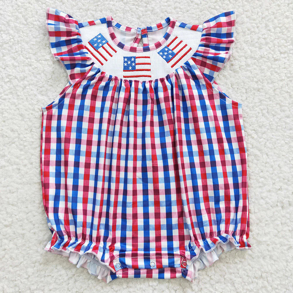 Sibling Baby Girls Smocked Flags Red Blue Checked 4th Of July Dress Rompers