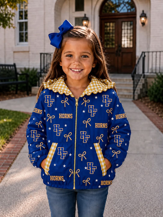 (Custom Design Preorder MOQ 5) Teams Hamshire Fannett  Bows Stars Print Girls Pockets Zipper Ruffle Hoodie Jacket Top