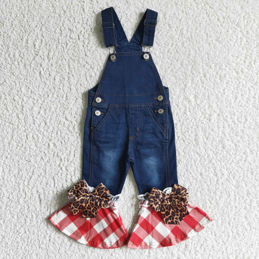 C16-16 Blue Denim Red Checkered Edge Baby Girls Christmas Suspender Overall Jumpsuits