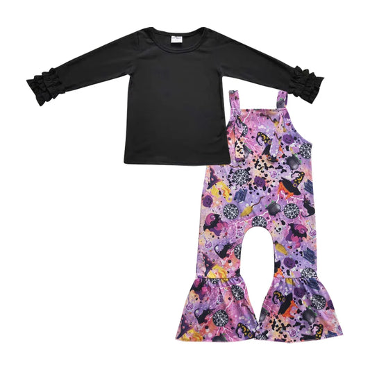 Baby Girls Black Icing Sleeve Top with Overall Outfit For Halloween