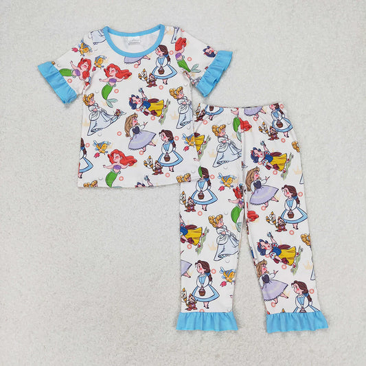 Baby Girls Mermaid Cartoon Princess Short Sleeve Top with Pants Pajama Set