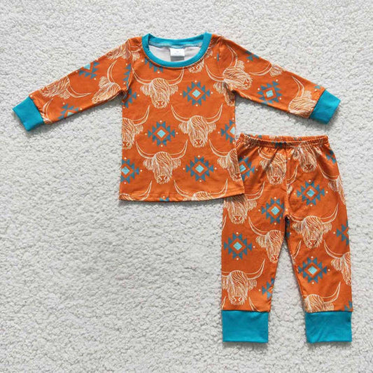 Toddler Boys Western Aztec Highland Cow Long Sleeve Pajama Set
