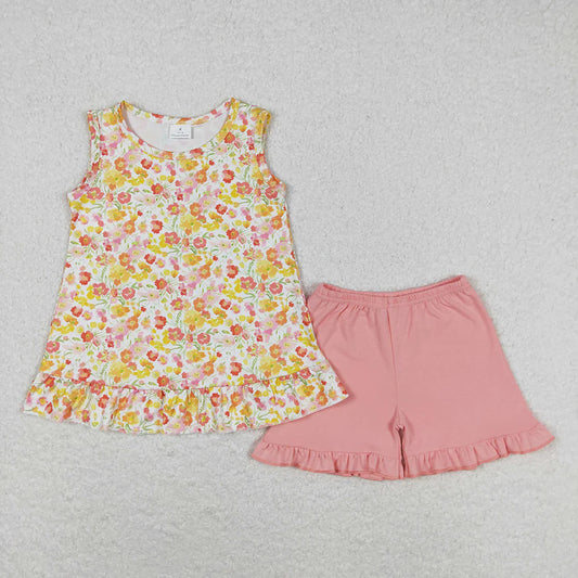 Baby Girls Orange Flowers Sleeveless Top Ruffle Shorts Outfit