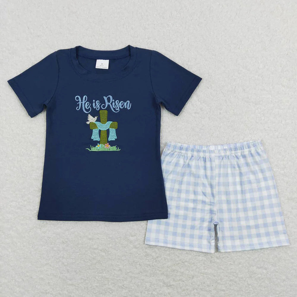 Baby Girls Boys Easter He Is Risen Cotton Embroidery Sibling Outfit Romper
