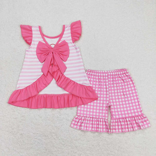 Baby Girls Pink Stripes I Love Dad Bow Tunic Top Ruffle Shorts Clothes Sets
