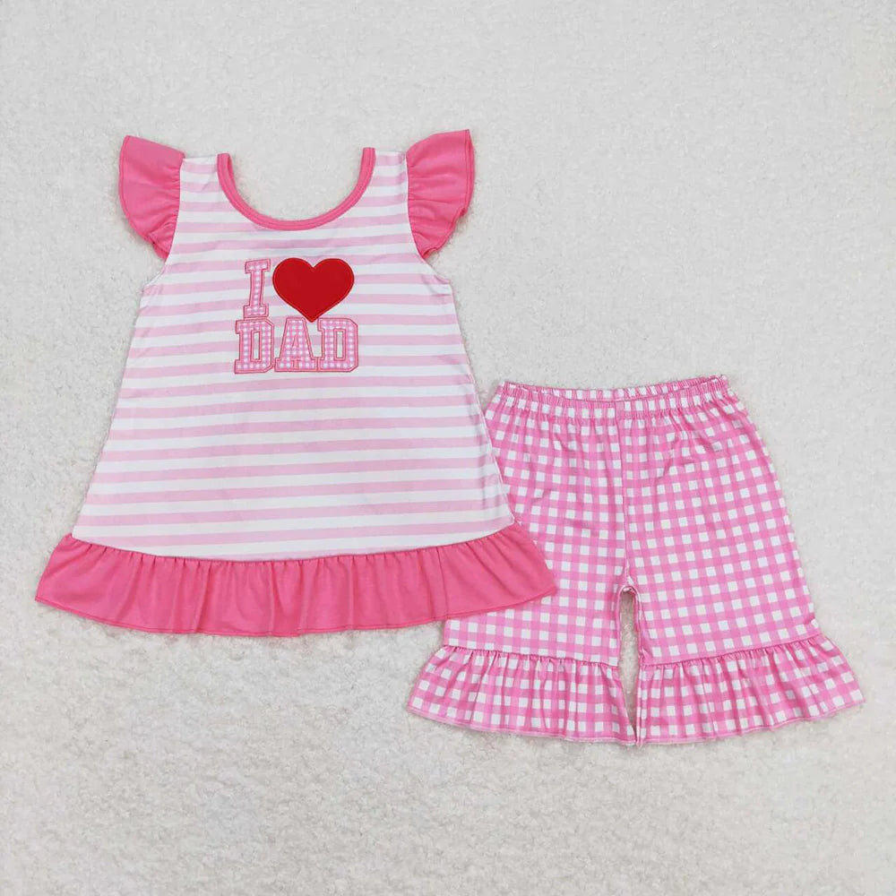 Baby Girls Pink Stripes I Love Dad Bow Tunic Top Ruffle Shorts Clothes Sets