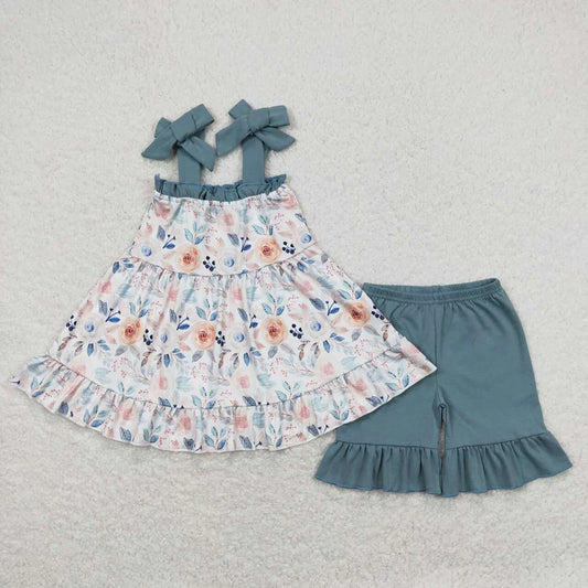 Baby Girls Dark Blue Flowers Straps Tunic Top Ruffle Shorts Outfit