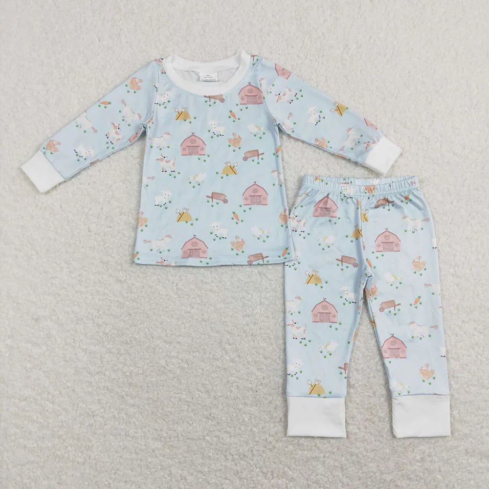 Baby Boys Animals Blue Farms Long Sleeve Shirts Pants Pajamas Clothes Sets
