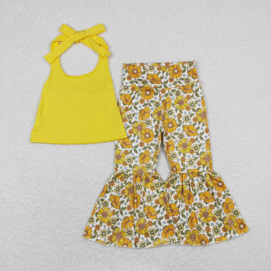 Baby Girls Mustard Halter Top Shirt Flowers Bell Bottom Pants Clothes Sets