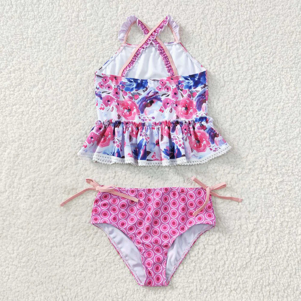 Baby Girls Purple Flowers Top Floral Two Pieces Swimsuits
