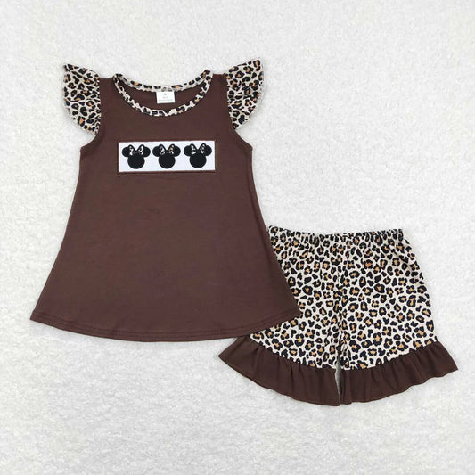 Baby Girls Toddler Brown Cartoon Mouse Embroidery Leopard Tunic Shorts Clothes Sets