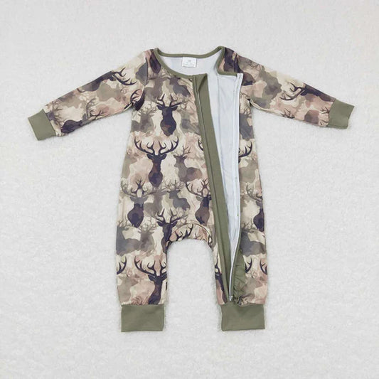 Baby Girls Camo Deer Ruffle Zip Long Sleeve Rompers