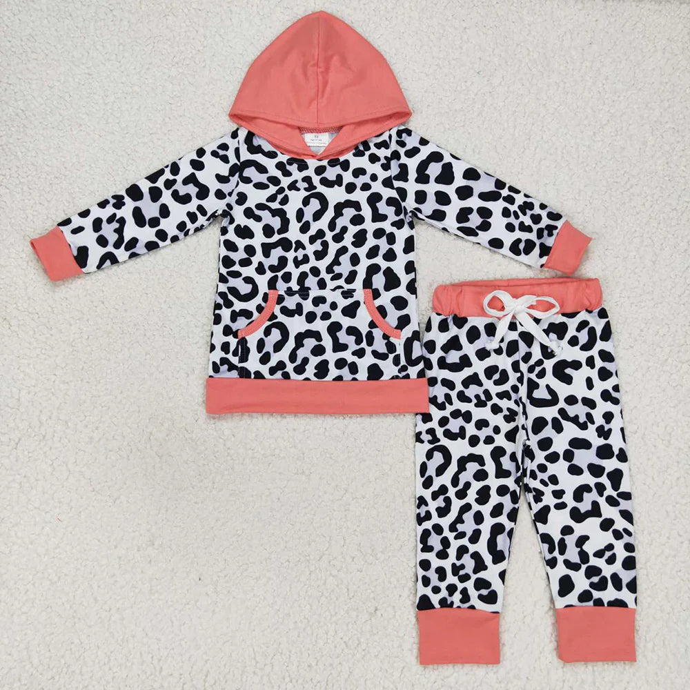 Baby Girls Pink Hooded Long Sleeve Tops Leopard Pants Clothes Sets）