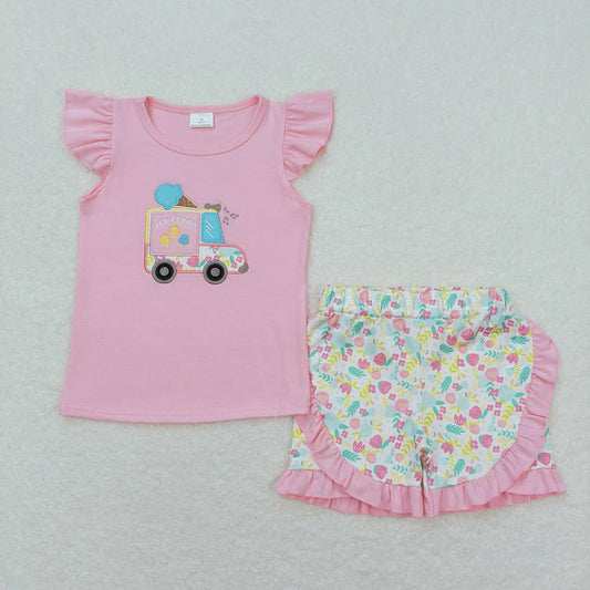 Baby Girls Pink Flutter Sleeve Embroidery Popstick Tunic Top Ruffle Shorts Clothes Sets