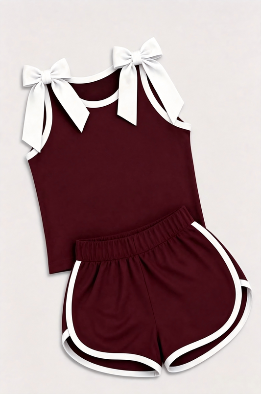 (Custom Design Preorder MOQ 5) Teams White Bows Wine Vest Top Shorts Mommy and Me Summer Cotton Clothes Set