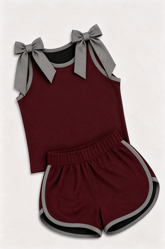 (Custom Design Preorder MOQ 5) Teams Grey Bows Wine Vest Top Shorts Mommy and Me Summer Cotton Clothes Set