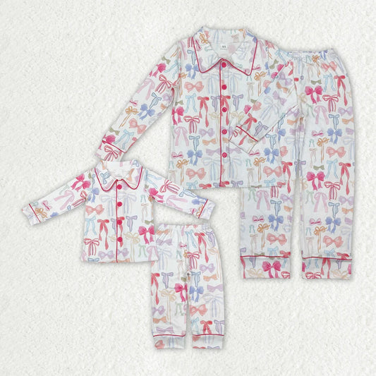 Mommy and Me  Pink Blue Bow Buttons Top Pants Pajama Set