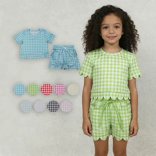 Sibling Baby Girls Colorful Checked Scallop Shirts Top Pockets Short Pajamas Clothes Sets