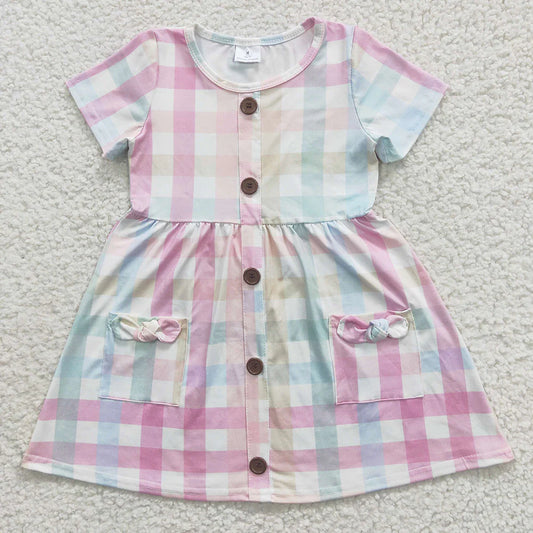 GSD0296 Baby Girls Pink Plaid Short Sleeve Pocket Knee Length Dresses 5.5