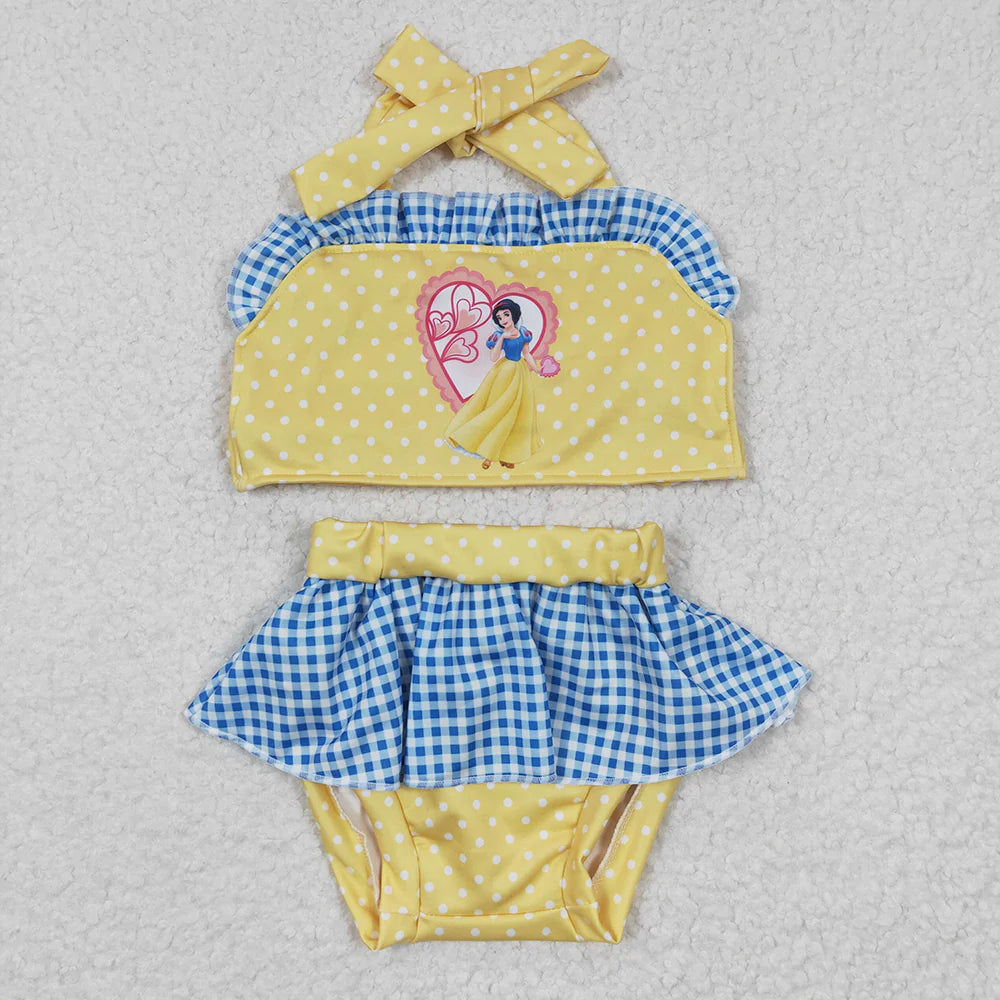 Baby Girls Yellow Princess Dots Tie Back Tow Pieces Swimsuits