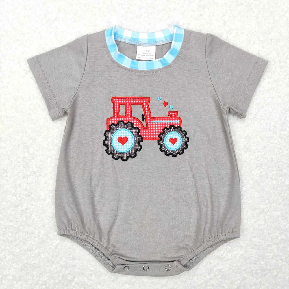 Sibling Baby Girls Boys Valentine Tractor Heart  Short Sleeve Top Pants Outfit Romper
