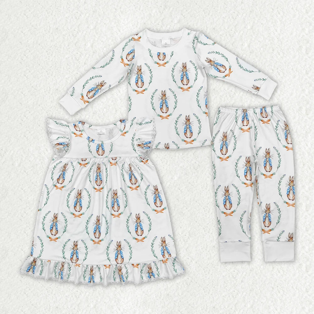 Sibling Baby Girls Boys Easter Rabbit Dress+Pajama Set