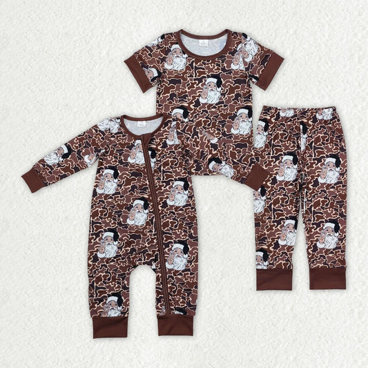 Sibling Baby Boys Brown Cano Christmas Santa Pajama Set Zipper Romper