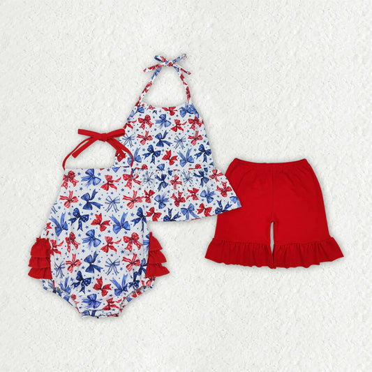 Sibling Baby Girls 4th of July Bows Halter Shorts Set Rompers