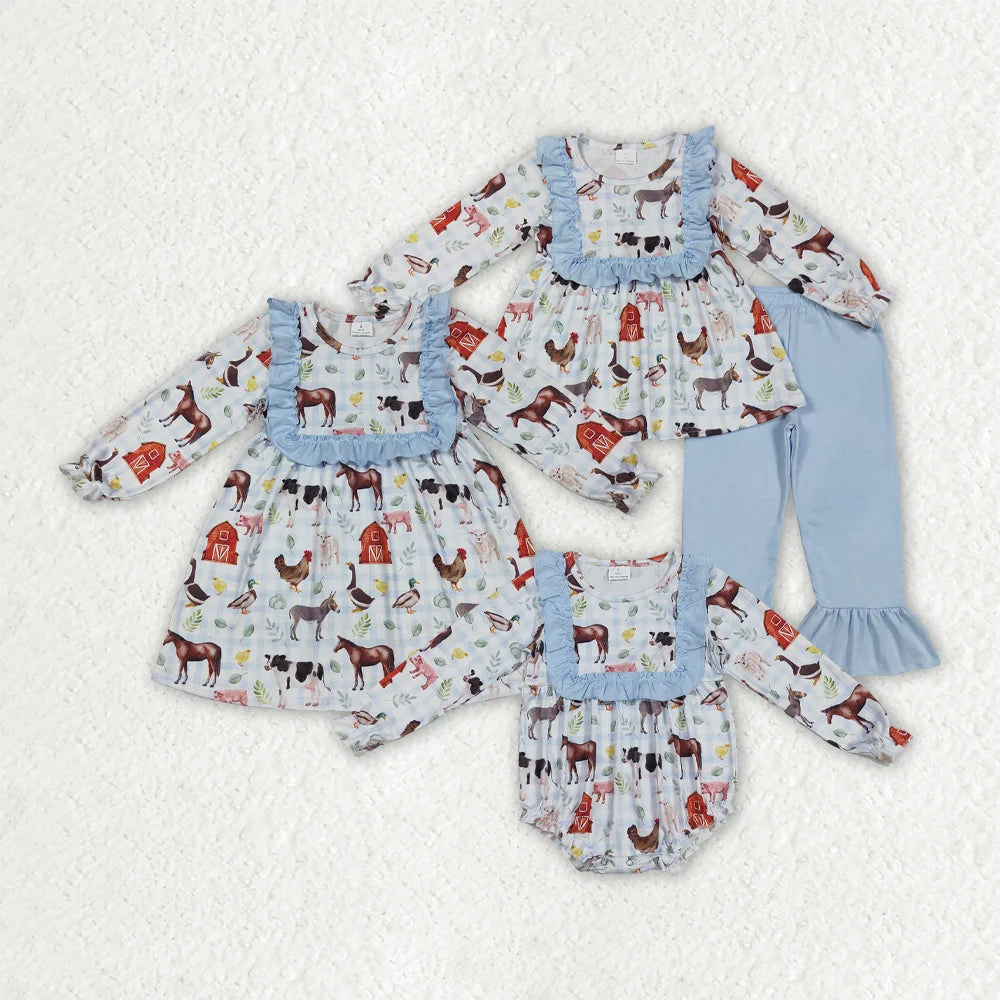 Sibling Baby Girls Farm House Animals Rompers Dresses Outfits