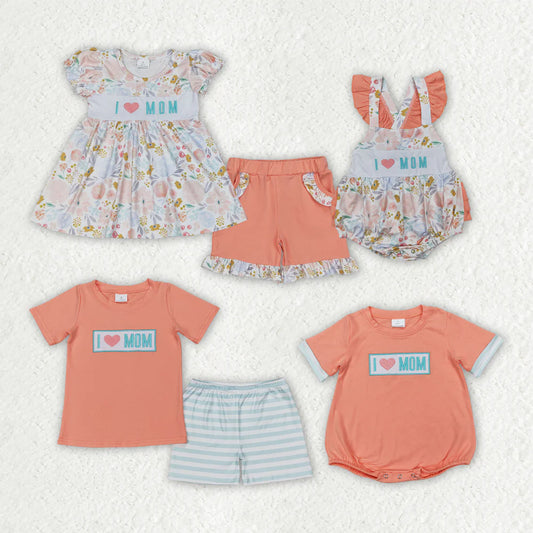 Sibling Embroidery Baby Girls Boys I LOVE MOM Rompers Summer Outfits
