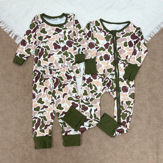 Sibling Boys Dark Green Camo Long Sleeve Pajama Set and Zipper Romper