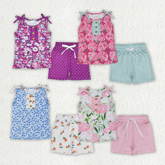 Sibling 4 colors Baby Girls Sleeveless Floral Button Top Shorts Set