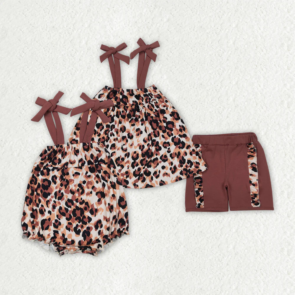 Sibling Baby Girls Brown Bows Strap Leopard Rompers Outfits