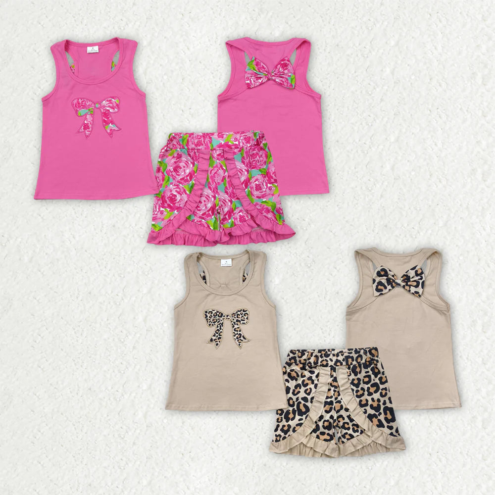 Sibling Embroidery Baby Girls Flower Bow Vest Top Ruffle Shorts Clothes Sets