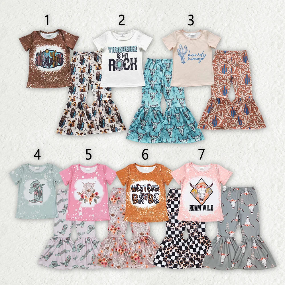 Sibling Baby Girls Western Bell Bottom Pants Outfit