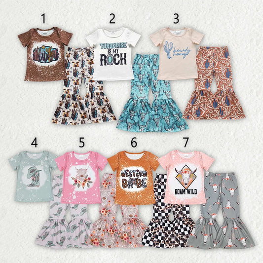Sibling Baby Girls Western Bell Bottom Pants Outfit